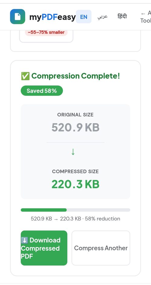 Compression complete showing 58% size reduction from 520KB to 220KB