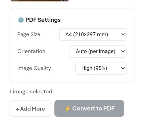 PDF settings: page size, orientation, and image quality